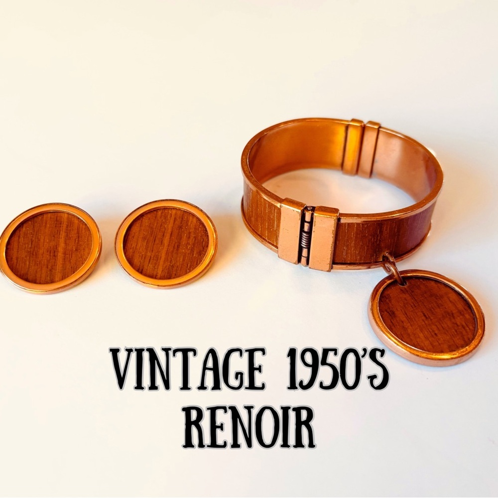 Renoir Signed Vintage 1950’s Copper & Wood Cuff Bracelet & Clip On Earrings Set